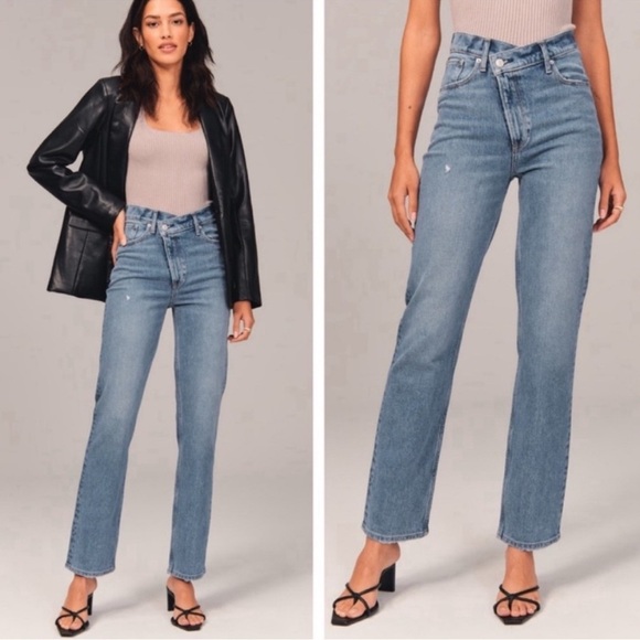 Abercrombie & Fitch Denim - Abercrombie the 90s straight ultra high rise jeans with cross cross waistband